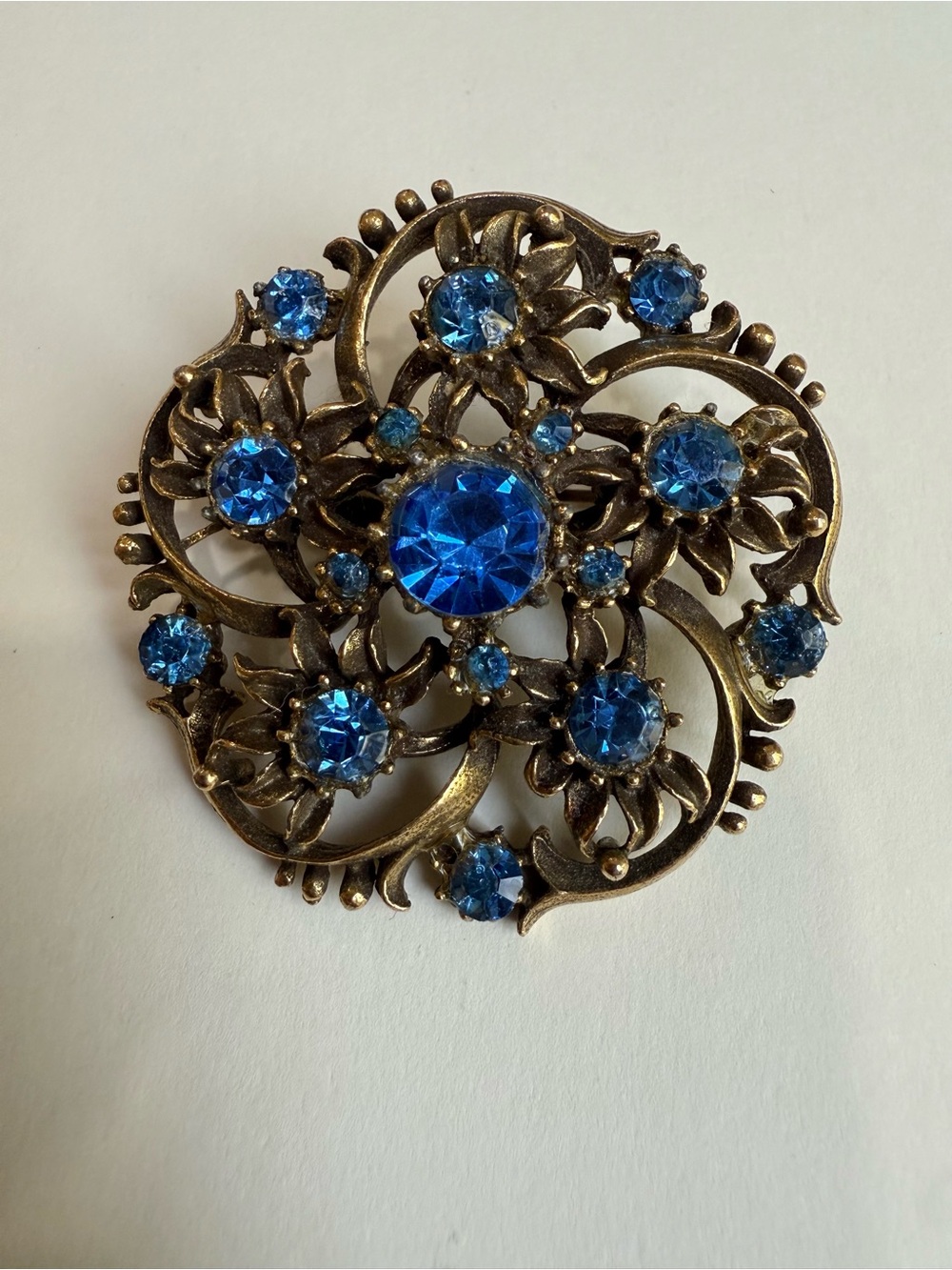 Vintage Coro Blue Rhinestone Floral Brooch | Gold Tone Mid Century Pin